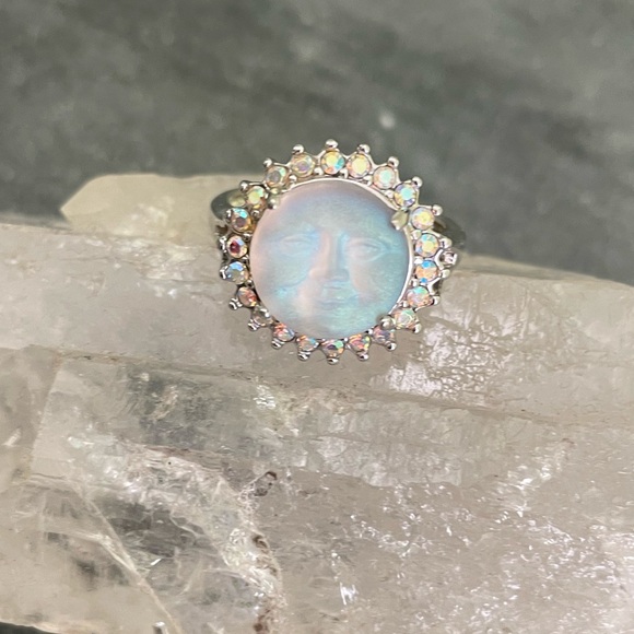 Kirks Folly Moon Face Blue Crystal Halo Silver Ring 9 - Picture 12 of 14